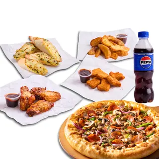Menu Dej ExpressTriple  1 Pizza Triple + 1 bouteille de soda 1L ou 4 Chicken Wings ou 6 Nuggets ou 4 Pain à l'ail ou Potatoes - Pizza Hut Meknès